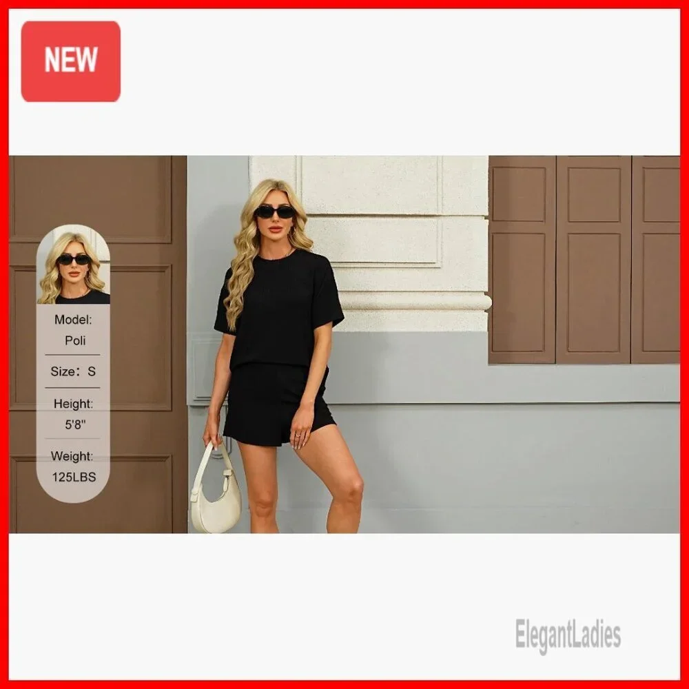 Ribbed Knit Lounge Set Short Sleeve Top and Shorts Matching Outfit